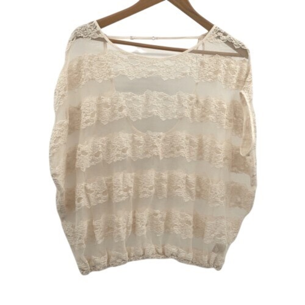 Free People Top Sheer Lace Women Size XS Off White Cream Boxy‎ Short Sleeve